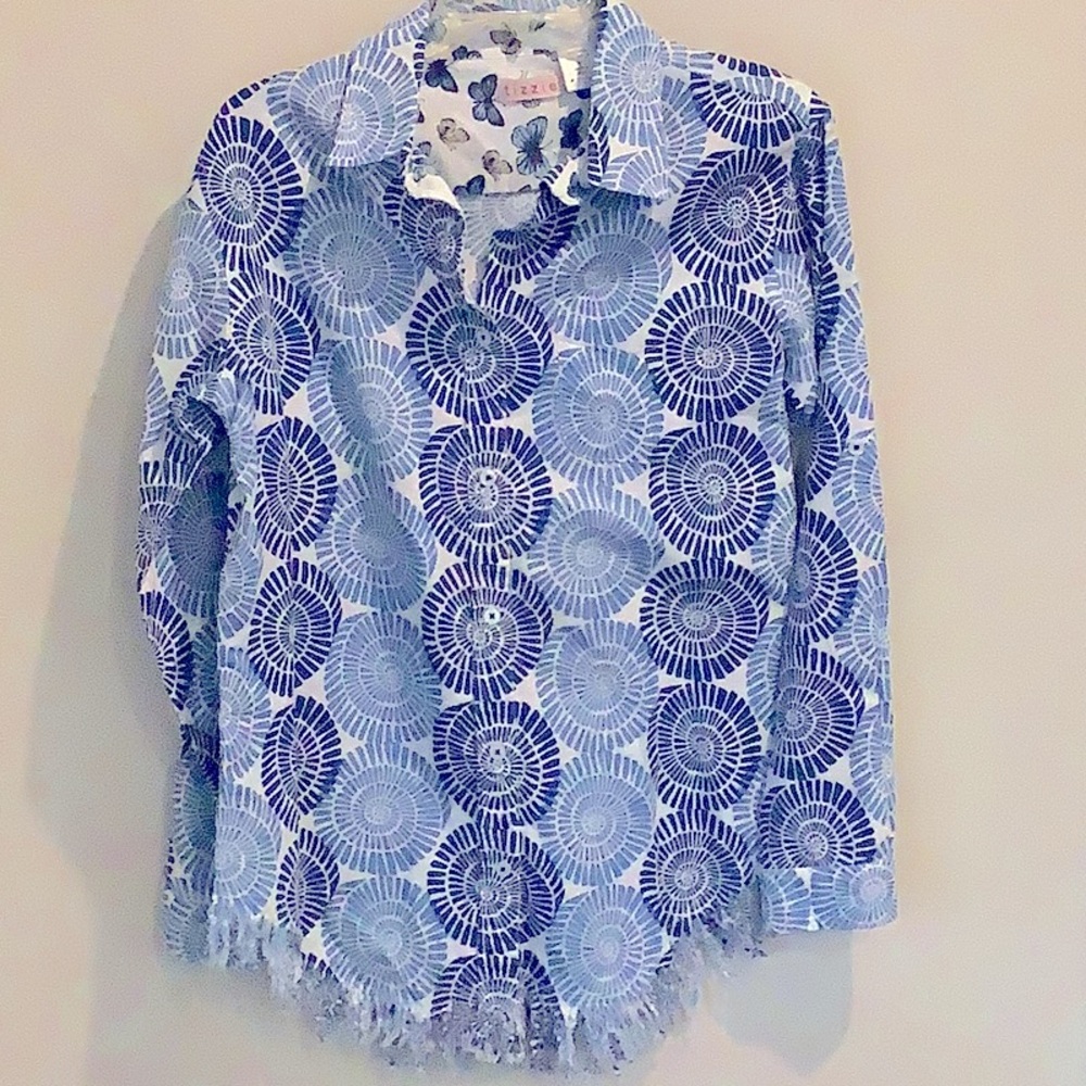 Dizzy Tizzie Linen Button Down Shirt Blue & White Size Medium